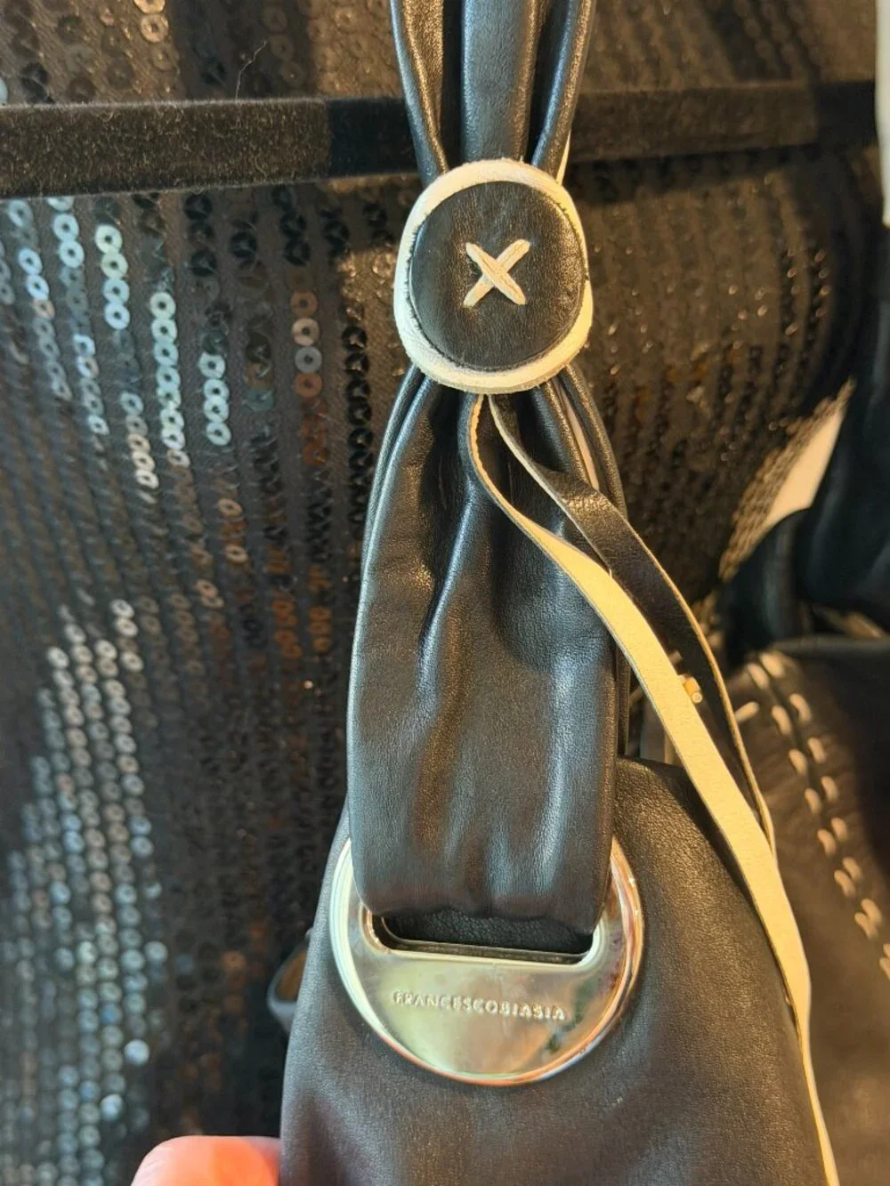 Francesco Biasia Black Leather Hobo Bag Slouchy Shoulder Bag Contrast Stitch